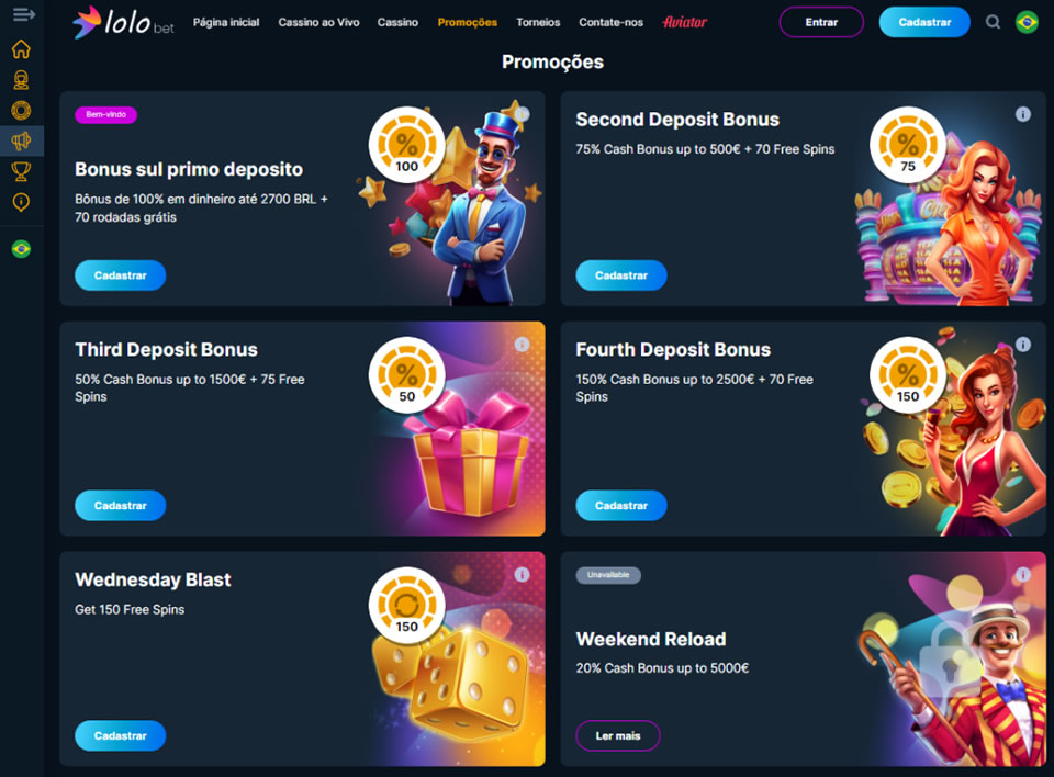 No Casino wp includesRequestsliga bwin 23brabet é seguro, os jogadores podem participar de um generoso programa promocional e ser os primeiros a receber um impressionante bônus de boas-vindas. Novos jogadores recebem um bônus de depósito de 450% de até R$ 1.500, distribuídos pelos três primeiros depósitos, além de 133 rodadas grátis. Este pacote de boas-vindas foi projetado para fornecer um impulso substancial: seu primeiro depósito lhe dará um bônus de 250% até R$ 800 e 33 rodadas grátis, e seu segundo depósito lhe dará um bônus de 75% até R$ 300 e 50 rodadas grátis. spins Gire, aproveite um bônus de 75% até R$ 300 e 50 rodadas grátis no seu terceiro depósito. Bônus de 125% até R$ 400, 40 rodadas grátis.